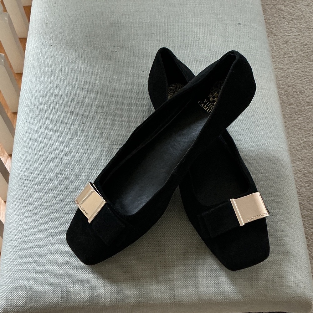 Vince Camuto Black Flats with Gold Buckle. NEW.